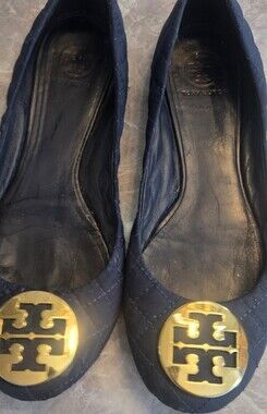 Tory Burch Navy Quilted Canvas Ballet Flats with Gold Logo